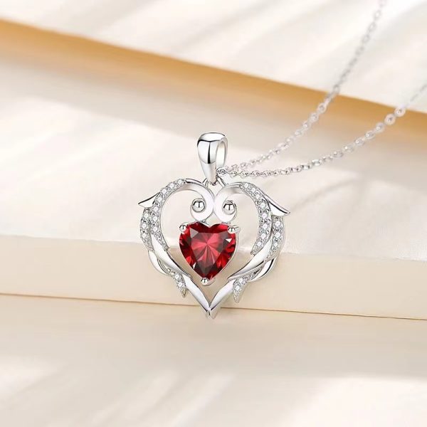 925 Jewelry Necklace Heart Sterling Silver Necklace With Red Zirconia Garnet - Image 2