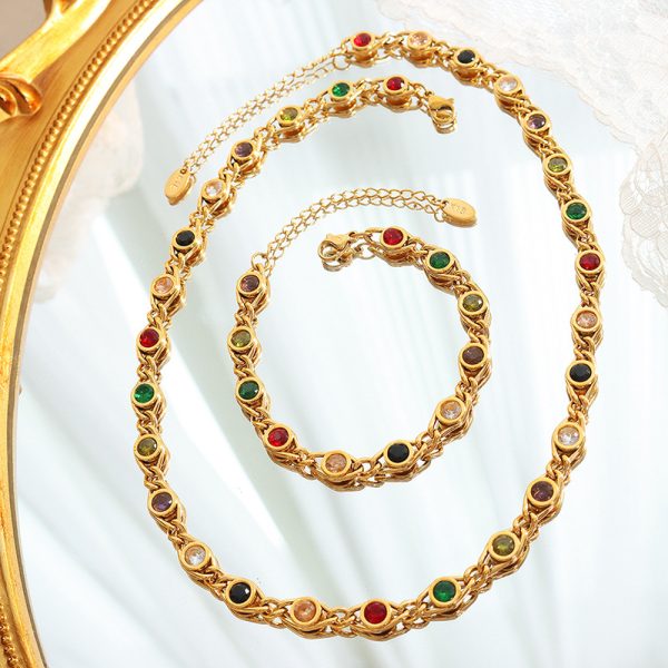 Small fisheye design colorful zircon stitched chain necklace fashion niche bracelet copper jewelry set - Image 2