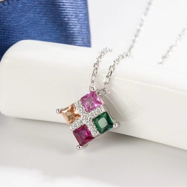 Light luxury square colored diamond pendant 925 sterling silver square high fashion necklace - Image 2