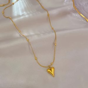 1pc Stainless Steel Couple Love Heart Steel Beads Clavicle Necklace, Suitable For Daily Decoration Gifts For Girlfriend Boyfriend