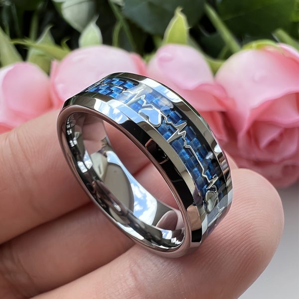 Stylish 8mm Stainless Steel Ring with Heartbeat Design & Black Carbon Fiber - Promise Ring for Weddings & Parties, Comfort Fit Sizes 6-13 - Image 5