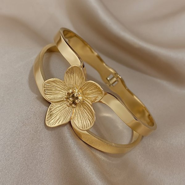 Vintage Stainless Steel Flowers Bangle with Five Petal Flower Shape Cuff Waterproof Jewelry Gifts - Image 7