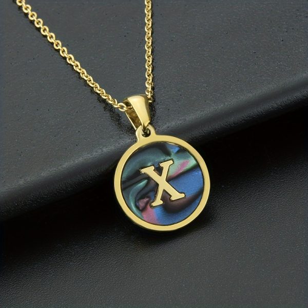 26-Letter Stainless Steel Round Abalone Pendant Necklace for Women - 18K Plated Jewelry with Personalized English Alphabet Letter Charm - Durable, Hypoallergenic, and Nickel-Free Accessories for Women's Everyday Wear - Image 34