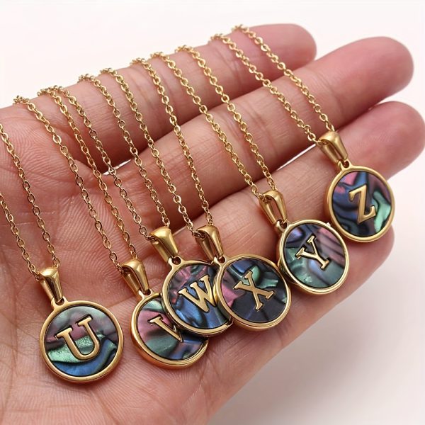 26-Letter Stainless Steel Round Abalone Pendant Necklace for Women - 18K Plated Jewelry with Personalized English Alphabet Letter Charm - Durable, Hypoallergenic, and Nickel-Free Accessories for Women's Everyday Wear - Image 2
