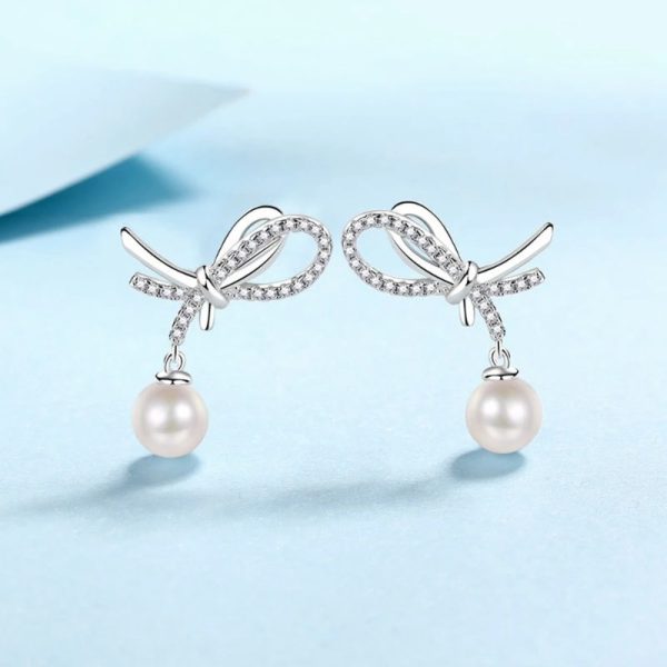 Freshwater Pearl1Pair Freshwater Pearl S925 Sterling Silver Earrings, Bowknot Sweet Temperament Atmospheric Simple High-End Design Jewelry - Image 4