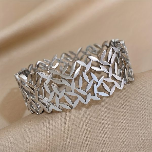 1pc Elegant Leaf-Design Wide Stainless Steel Cuff Bracelet - Unisex Statement Accessory for Casual & Formal Wear - Image 9