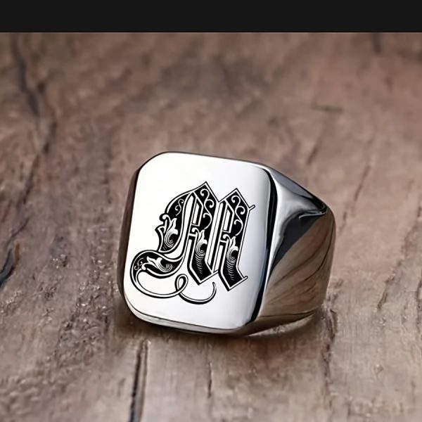 1pc Fashion Trendy 26 Letters Men's Square Stainless Steel Ring - Image 16
