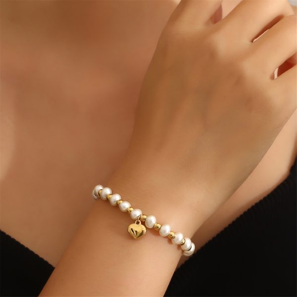 Heart-Shaped Dazzle Pendant Bracelet - Faux Pearl Beads, Stainless Steel, Minimalist Design, Perfect Valentine's Day Gift for Her, Hand Jewelry, Dainty and Elegant Accessory - Image 6