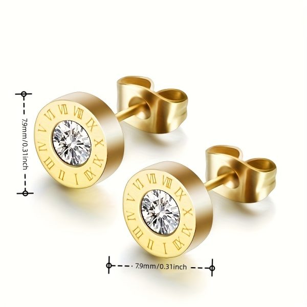 Stainless Steel Round Cut zirconia Roman Numerals Stud Earrings Silver Plated Ear Jewelry For Women Birthday Valentine's Day Gift - Image 7