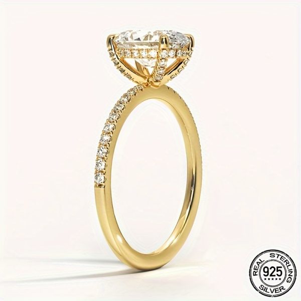PYQ Elegant Oval Moissanite Engagement Ring, 3ct Center Stone, 0.29ct Accents, 925 Sterling Silver, 18K Golden Plated, Synthetic, April Birthstone, for Daily & Wedding Occasions, with Certificate & Black Card - All Seasons Compatible - Image 4