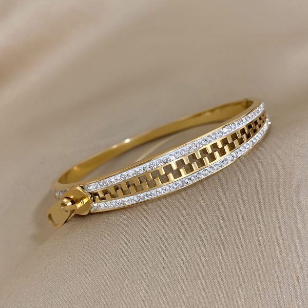 Stunning Gemstone Embellished Stainless Steel Waterproof Zipper Style Bracelet - Luxurious Jewelry for Men and Women - Rust Resistant, Durable, and Stylish Accessory - Image 3