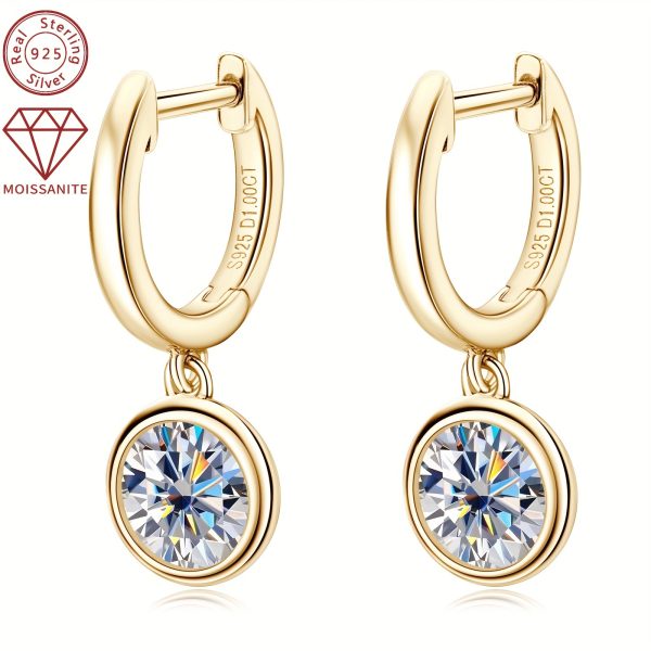Elegant Simple Style Moissanite Drop & Dangle Earrings, 1.0ct Synthetic April Birthstone, 14K Golden Plated 925 Sterling Silver, Christmas Holiday Gift for Women - 2.52g Silver Weight, 6.5mm Stone, All-Season Wedding Jewelry - Image 3