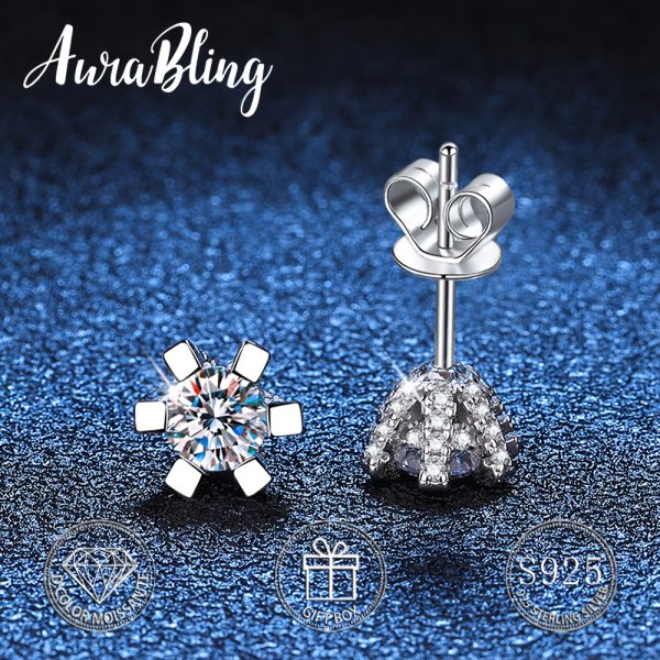 AuraBling 1pair Classic S925 Sterling Silver Simple Moissanite Round Stud Earrings For Men, With Gift Box And Silver Polishing Cloth - Image 2