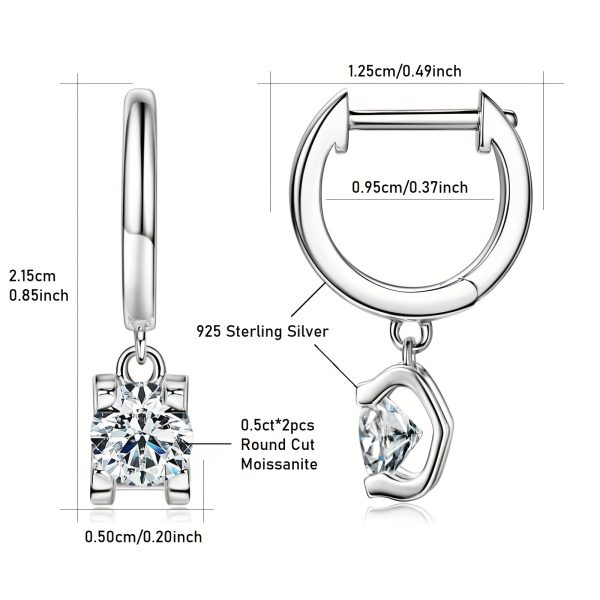 2pcs 925 Sterling Silver Earrings with 5mm Moissanite, 0.5 Carat, Fashion Dangle Earrings, Classic Style, Synthetic Stone, 14K Golden Plated, April Birthstone, for Holiday, Vacation, Wedding, Christmas, All Seasons - Image 7