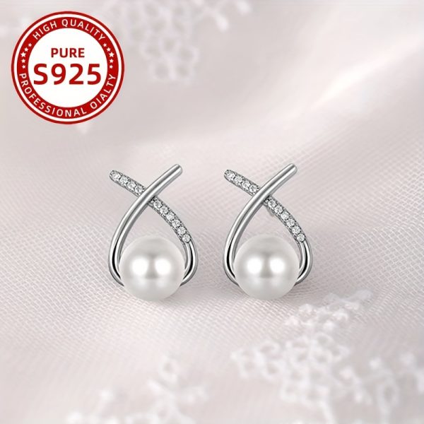 Elegant X-Shaped Freshwater Pearl Stud Earrings for Women - 925 Sterling Silvery with Zirconia Accents, Perfect for Daily Wear & Gifting - Image 3