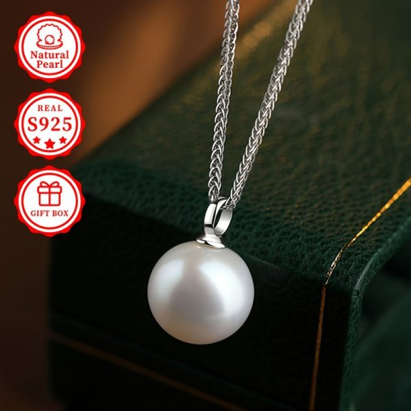 Vintage Elegant Freshwater Pearl Pendant Necklace June Birthstone, MUFAN 13-14mm Round Natural Pearl with No Plating, 925 Sterling Silver Chain 23.62inch, Gift-Ready for Daily Wear - Image 3