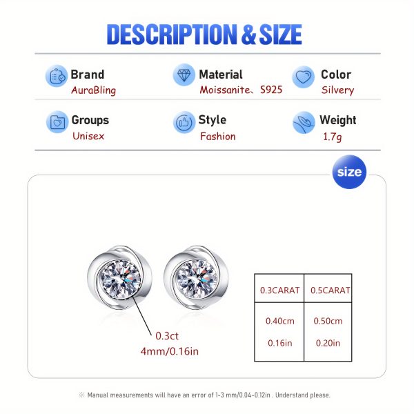 1pair S925 Simple Moissanite Round Stud Earrings For Men, Daily Couple Ear Jewelry, With Gift Box - Image 4