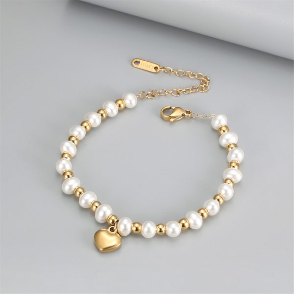 Heart-Shaped Dazzle Pendant Bracelet - Faux Pearl Beads, Stainless Steel, Minimalist Design, Perfect Valentine's Day Gift for Her, Hand Jewelry, Dainty and Elegant Accessory - Image 5