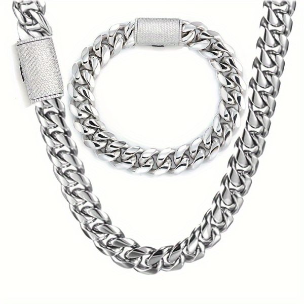 2pcs Thick Hip Hop Jewelry Set - Stainless Steel Cuban Link Chain Necklace and Bracelet for Men - 14MM Buckle, Durable, Shine Finish, Fashionable - Image 5