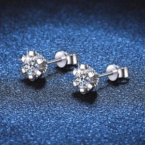 AuraBling 1pair Classic S925 Sterling Silver Simple Moissanite Round Stud Earrings For Men, With Gift Box And Silver Polishing Cloth