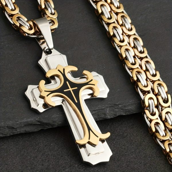 1pc Vintage-Inspired Men's Flat Handmade Cross Pendant Necklace - Golden Black Stainless Steel, Hypoallergenic, Water Resistant, Perfect Father's Day Gift or Birthday Jewelry for Him