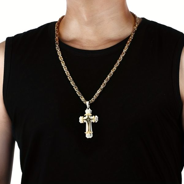 1pc Vintage-Inspired Men's Flat Handmade Cross Pendant Necklace - Golden Black Stainless Steel, Hypoallergenic, Water Resistant, Perfect Father's Day Gift or Birthday Jewelry for Him - Image 4