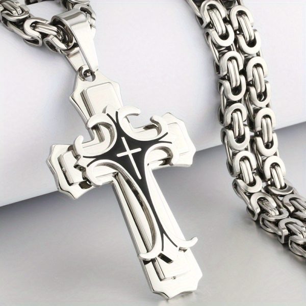 1pc Vintage-Inspired Men's Flat Handmade Cross Pendant Necklace - Golden Black Stainless Steel, Hypoallergenic, Water Resistant, Perfect Father's Day Gift or Birthday Jewelry for Him - Image 7