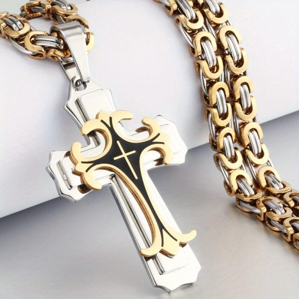 1pc Vintage-Inspired Men's Flat Handmade Cross Pendant Necklace - Golden Black Stainless Steel, Hypoallergenic, Water Resistant, Perfect Father's Day Gift or Birthday Jewelry for Him - Image 2