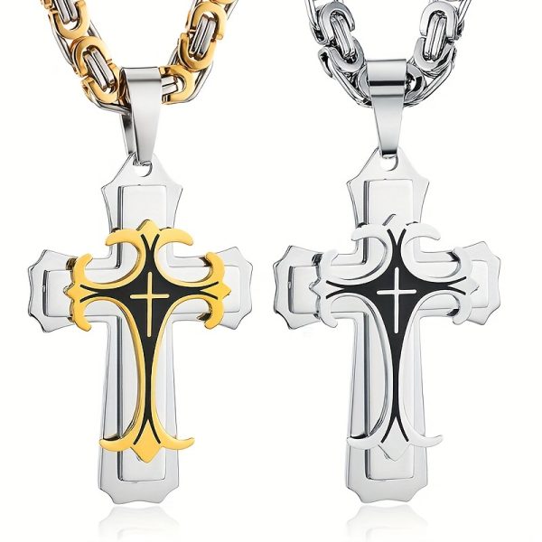 1pc Vintage-Inspired Men's Flat Handmade Cross Pendant Necklace - Golden Black Stainless Steel, Hypoallergenic, Water Resistant, Perfect Father's Day Gift or Birthday Jewelry for Him - Image 3