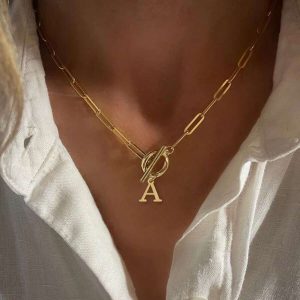 Personalized Initial Pendant Necklace - Durable Stainless Steel Paperclip Chain, Toggle Clasp, Delicate Design, Perfect Gift for Women