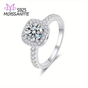 925 Sterling Silver Ring With Square Round 1 Carat Moissanite Ring Engagement Ring, Elegant, Perfect Gift For Proposal, Weddings, Parties, Anniversary, With Gift Box