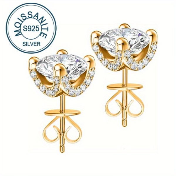 18K Gold Plated Moissanite Stud Earrings, 2 Carat TW (1ct each) 925 Sterling Silver, Classic Luxury Style with Secure Backs for Daily Wear, Party, Gift - Elegant Jewelry for All Seasons - Mardi Gras, Easter, Birthdays, Valentine's, Mother's Day - Includes Gift Box