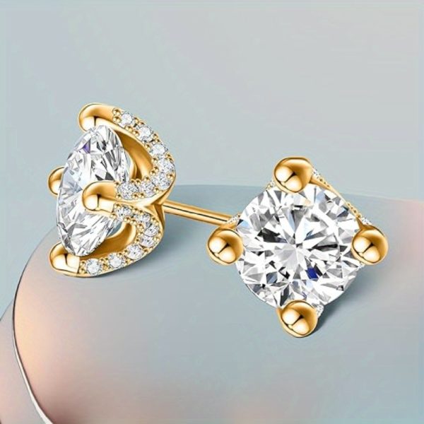18K Gold Plated Moissanite Stud Earrings, 2 Carat TW (1ct each) 925 Sterling Silver, Classic Luxury Style with Secure Backs for Daily Wear, Party, Gift - Elegant Jewelry for All Seasons - Mardi Gras, Easter, Birthdays, Valentine's, Mother's Day - Includes Gift Box - Image 4