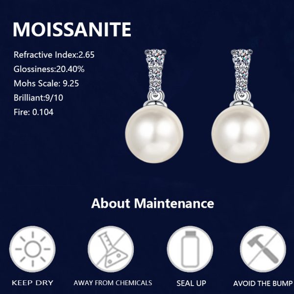 S925 sterling silver 0.23 carat*2 moissanite freshwater pearl earrings, fashionable and trendy earrings, light luxury niche high-end design earrings, elegant, gentle, mature style, casual classic style, simple gift for boyfriend, girlfriend, mom, gra - Image 7