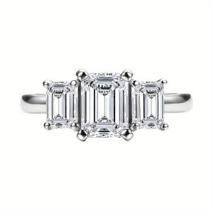 Elegant Emerald-Cut Moissanite Ring, ANU Cross-border 1.6 Carat 3-Stone Style, S925 Sterling Silver, High-End Engagementu002FWedding Jewelry