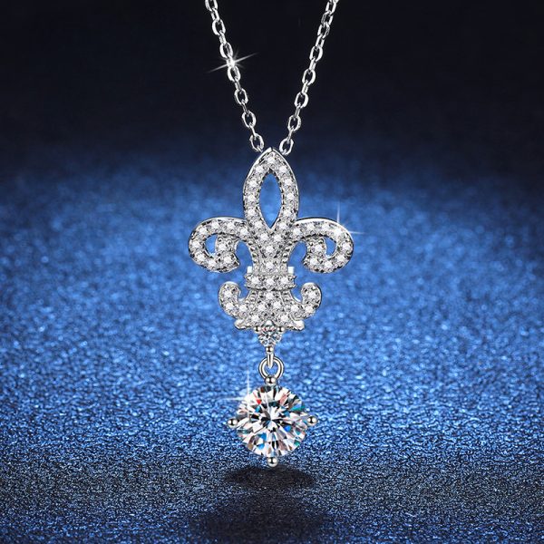 Elegant 925 Sterling Silver Fleur-de-Lis Pendant Necklace with 1 Carat Moissanite - 18K Golden Plated Boho Style Jewelry for Daily Wear, Gift-Giving, Mardi Gras, All Seasons - Unisex Design for Men and Women, Perfect for Birthdays, Anniversaries, Mother's Day, New Year - Comes with Gift Box, 4g - Image 2