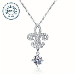 Elegant 925 Sterling Silver Fleur-de-Lis Pendant Necklace with 1 Carat Moissanite - 18K Golden Plated Boho Style Jewelry for Daily Wear, Gift-Giving, Mardi Gras, All Seasons - Unisex Design for Men and Women, Perfect for Birthdays, Anniversaries, Mother's Day, New Year - Comes with Gift Box, 4g