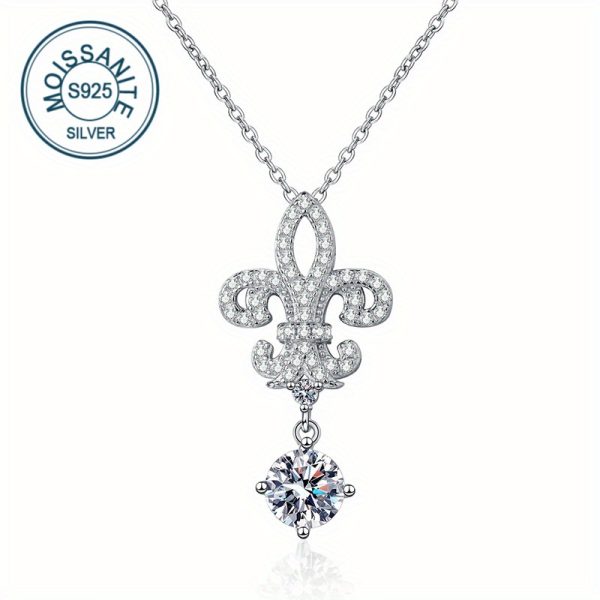 Elegant 925 Sterling Silver Fleur-de-Lis Pendant Necklace with 1 Carat Moissanite - 18K Golden Plated Boho Style Jewelry for Daily Wear, Gift-Giving, Mardi Gras, All Seasons - Unisex Design for Men and Women, Perfect for Birthdays, Anniversaries, Mother's Day, New Year - Comes with Gift Box, 4g