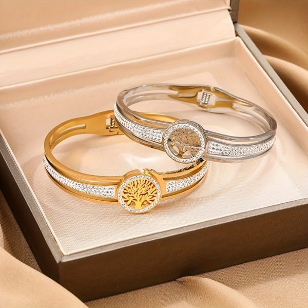 1pc Eternal Life Tree Stainless Steel Charm Bangle Bracelet - Hypoallergenic, Durable, Unisex, Glamorous Style, Ideal for New Year & General Holiday Gifts with Gift Box - Image 7