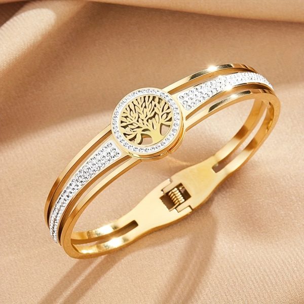 1pc Eternal Life Tree Stainless Steel Charm Bangle Bracelet - Hypoallergenic, Durable, Unisex, Glamorous Style, Ideal for New Year & General Holiday Gifts with Gift Box - Image 4
