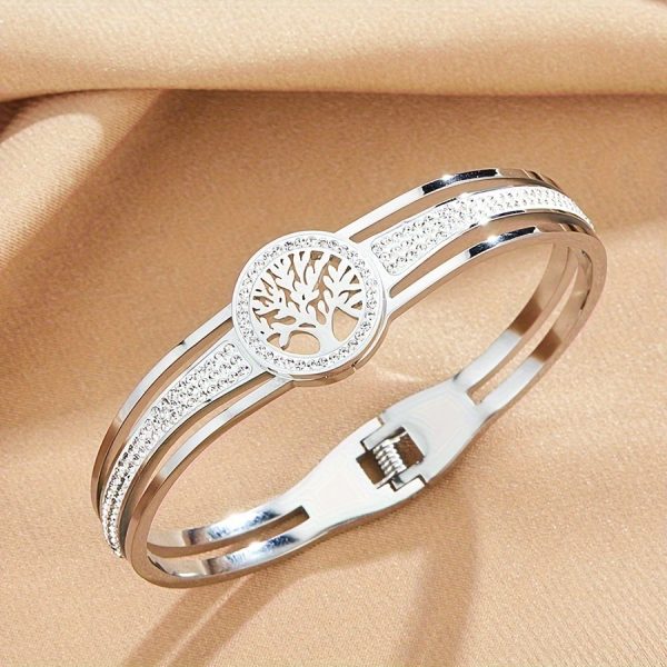 1pc Eternal Life Tree Stainless Steel Charm Bangle Bracelet - Hypoallergenic, Durable, Unisex, Glamorous Style, Ideal for New Year & General Holiday Gifts with Gift Box - Image 2