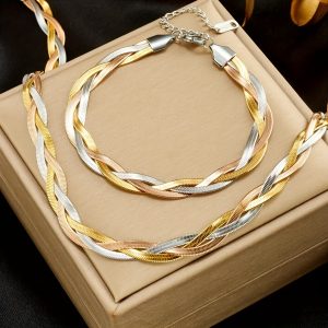 Vintage Boho 18K Golden Plated Jewelry Set - 316L Stainless Steel Twisted Chain Necklace and Bracelet Set for Women, No Mosaic, Hypoallergenic Fashion Accessories for Daily & Gift Occasions, 1 Pc Each