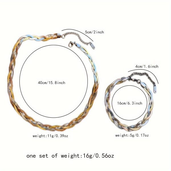 Vintage Boho 18K Golden Plated Jewelry Set - 316L Stainless Steel Twisted Chain Necklace and Bracelet Set for Women, No Mosaic, Hypoallergenic Fashion Accessories for Daily & Gift Occasions, 1 Pc Each - Image 3