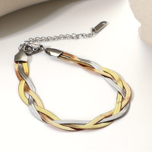 Vintage Boho 18K Golden Plated Jewelry Set - 316L Stainless Steel Twisted Chain Necklace and Bracelet Set for Women, No Mosaic, Hypoallergenic Fashion Accessories for Daily & Gift Occasions, 1 Pc Each - Image 2