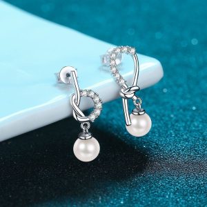 ETERNALS EARTH 1 Pair 925 Silver Elegant Luxurious Asymmetrical Pearl Earrings with Gemstone Accents, 2.3g Freshwater Pearl Drop Studs, Perfect for Valentine's, Wedding, All Seasons Gift