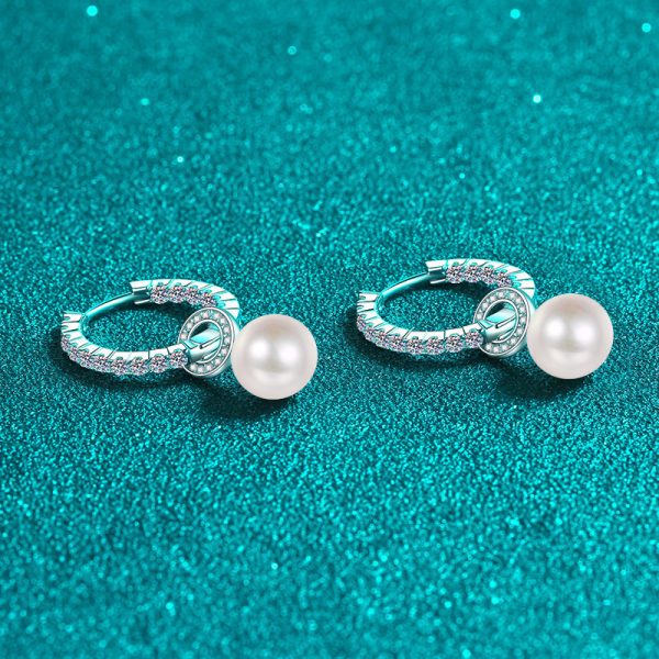925 Sterling Silver Hoop Earrings with 1.1ct Moissanite and Freshwater Pearl for Women, 14+ Age Group - Elegant Clasp Earrings with Pearl Dangle - Image 4