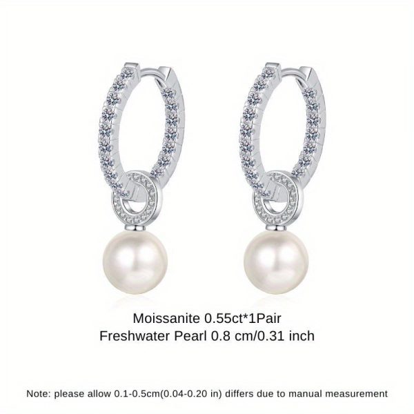 925 Sterling Silver Hoop Earrings with 1.1ct Moissanite and Freshwater Pearl for Women, 14+ Age Group - Elegant Clasp Earrings with Pearl Dangle - Image 5