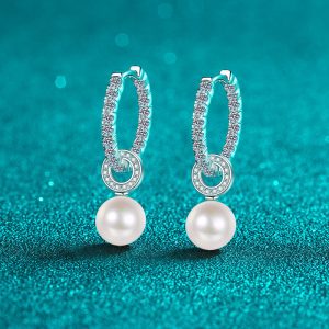 925 Sterling Silver Hoop Earrings with 1.1ct Moissanite and Freshwater Pearl for Women, 14+ Age Group - Elegant Clasp Earrings with Pearl Dangle