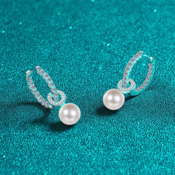 925 Sterling Silver Hoop Earrings with 1.1ct Moissanite and Freshwater Pearl for Women, 14+ Age Group - Elegant Clasp Earrings with Pearl Dangle - Image 2