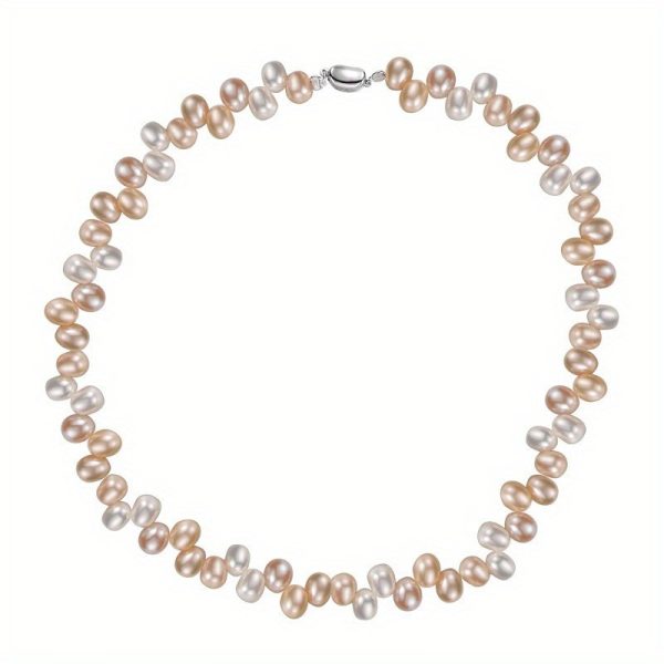 ETERNALS EARTH Freshwater Pearl Necklace, 925 Sterling Silver Clasp, 18K Gold Plated, Fashion Elegant Slightly Irregular Round Beads, Women's Pearl Strand for Adults Over 15 Years Old